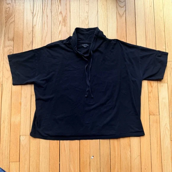 Eileen Fisher Black Short Sleeve Top with Drawstring Collar - Picture 2 of 4